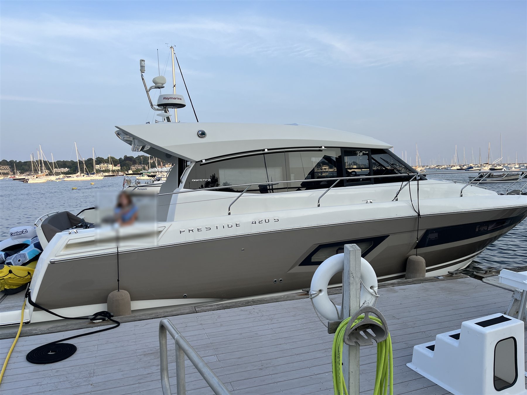The Karrie Anne, a Prestige 420 S cruiser, docked in a marina